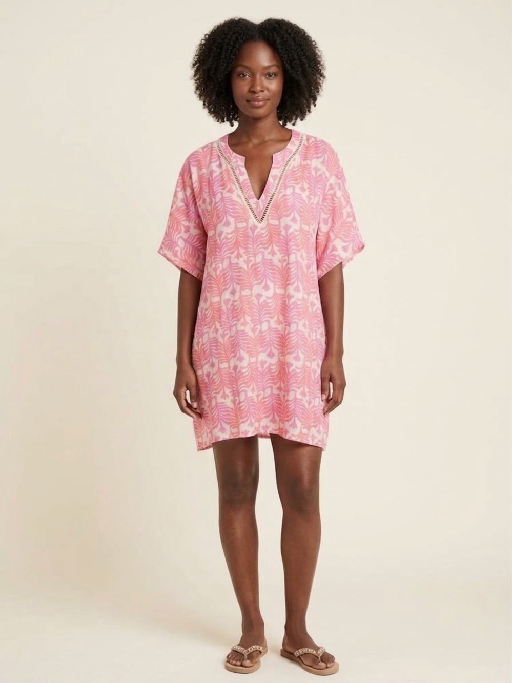 Tahari Pink Patterned V-Neck Tunic with Eyelet Trim